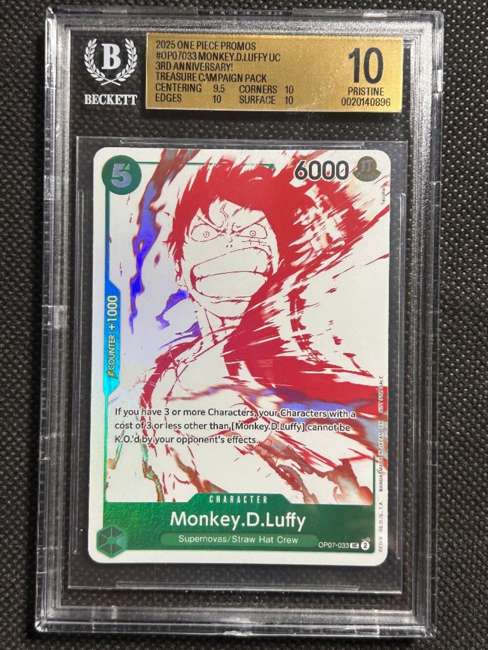 Monkey D Luffy OP07-033 One Piece 3rd Anniversary Treasure Campaign BGS 10 PRIST